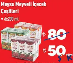MEYSU MEYVELİ İÇECEK ÇEŞİTLERİ 6X200 ML fiyat ve kampanya bilgisi